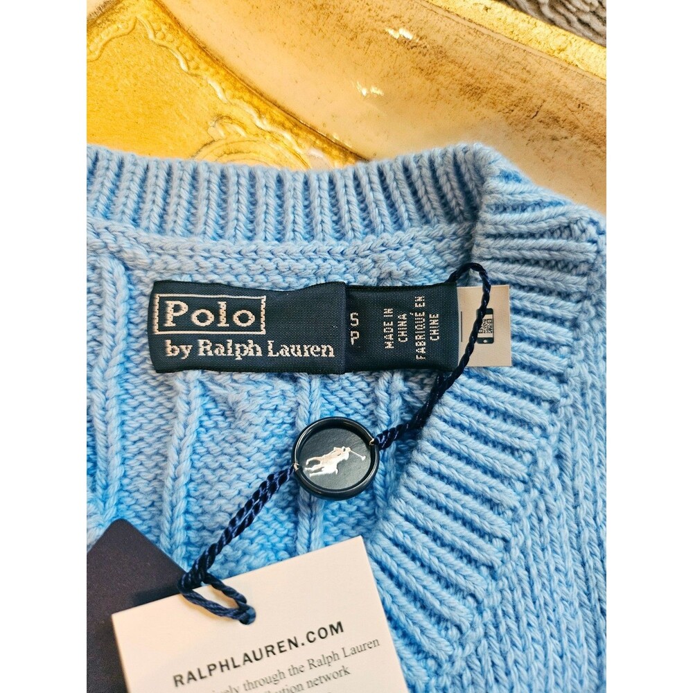POLO Ralph Lauren Cable-Knit Cotton Short-Sleeve Cardigan, Blue, S, NWT - Picture 8 of 16